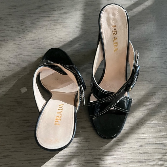 PRADA | Luxury Black Leather White Stitch Criss-Cross Buckle Heel | Size 37.5 - Picture 2 of 10